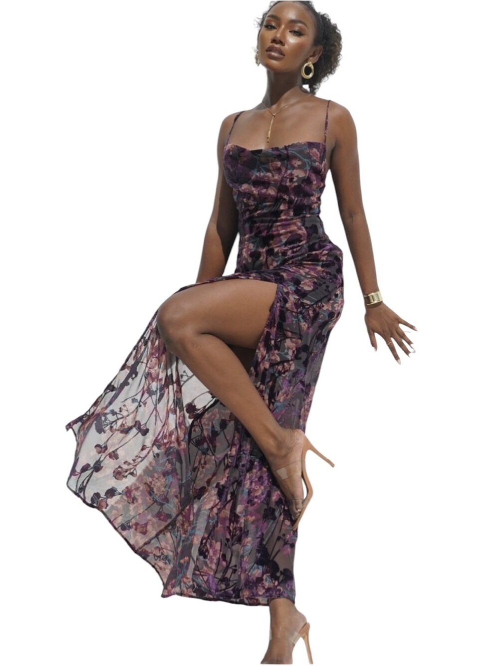 Showpo Aletta Cowl Neck Maxi Dress Purple Floral Velvet Burnout Party Romantic